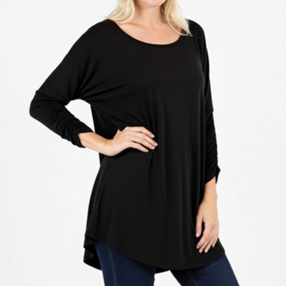 287‎ - Black 3/4 Scrunch Sleeve Top Women’s Plus Size